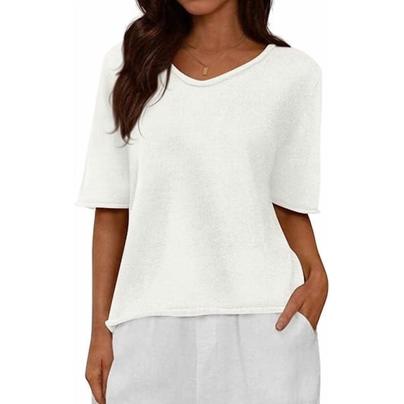 FreshPretty Sweaters for Women Summer Oversized Half Short Sleeve Knitted Pullover V Neck Casual Loose Fit Spring Tops