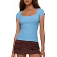 thumbnail image 1 of FreshPretty T Shirts for Women Square Neck Tops Spring Trendy Fashion Going Out Workout Y2k Clothes Summer Outfits, 1 of 8