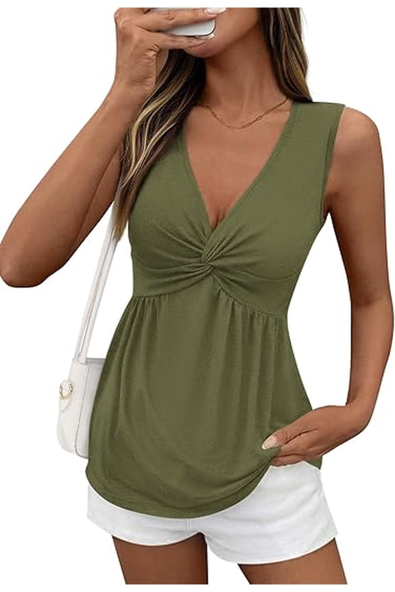 Tank Top for Women Spring Summer Tops Babydoll Twist Front V Neck Sleeveless Flowy Dressy Casual Blouses