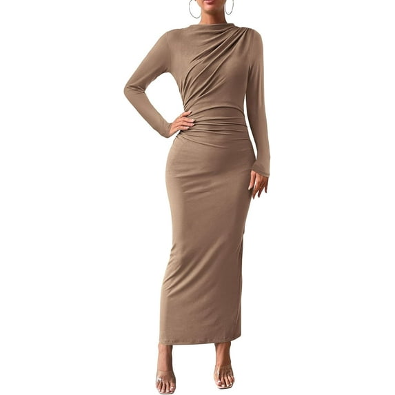 FreshPretty Women Bodycon Maxi Dress Long Sleeve Back Slit Ruched Elegant Party Cocktail Formal Fall Wedding Guest Dresses