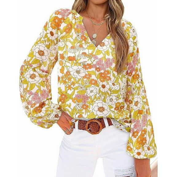 FreshPretty Women Casual Boho Blouse Dressy Floral Puff Long Sleeve Shirts V Neck Lightweight Chiffon Summer Fall Tops