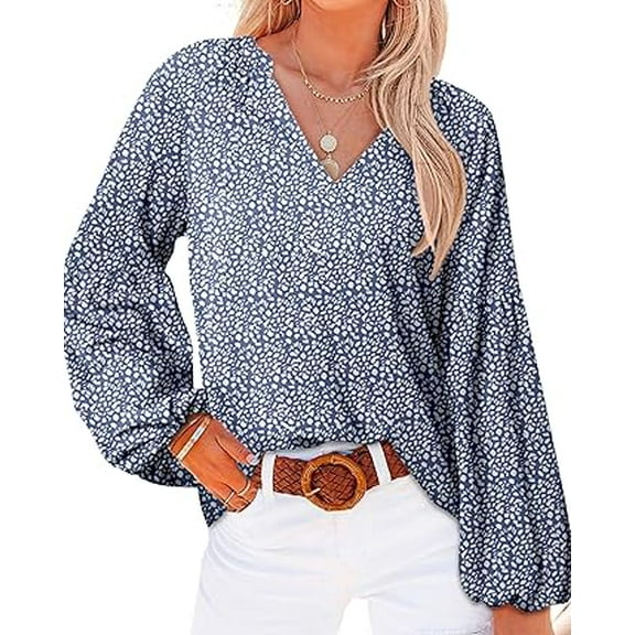FreshPretty Women Casual Boho Blouse Dressy Floral Puff Long Sleeve Shirts V Neck Lightweight Chiffon Summer Fall Tops