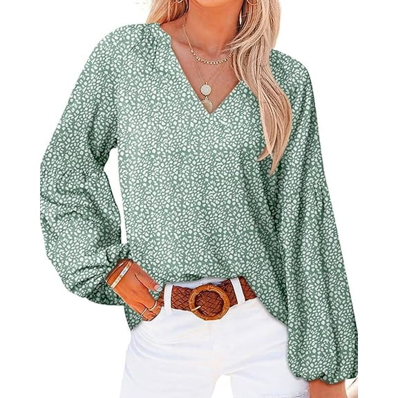 FreshPretty Women Casual Boho Blouse Dressy Floral Puff Long Sleeve Shirts V Neck Lightweight Chiffon Summer Fall Tops