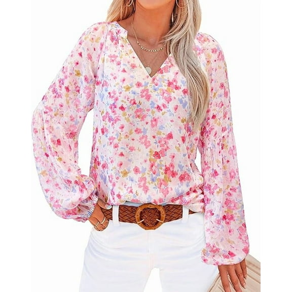FreshPretty Women Casual Boho Blouse Dressy Floral Puff Long Sleeve Shirts V Neck Lightweight Chiffon Summer Fall Tops