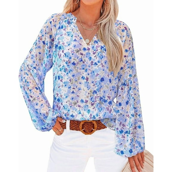 FreshPretty Women Casual Boho Blouse Dressy Floral Puff Long Sleeve Shirts V Neck Lightweight Chiffon Summer Fall Tops
