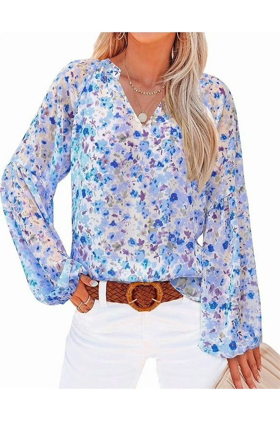 Women Casual Boho Blouse Dressy Floral Puff Long Sleeve Shirts V Neck Lightweight Chiffon Summer Fall Tops