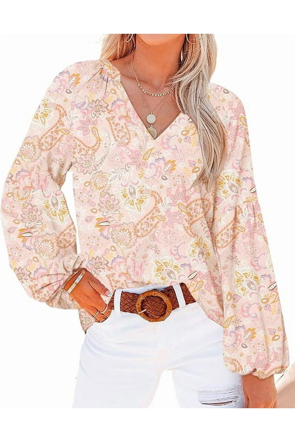 Women Casual Boho Blouse Dressy Floral Puff Long Sleeve Shirts V Neck Lightweight Chiffon Summer Fall Tops