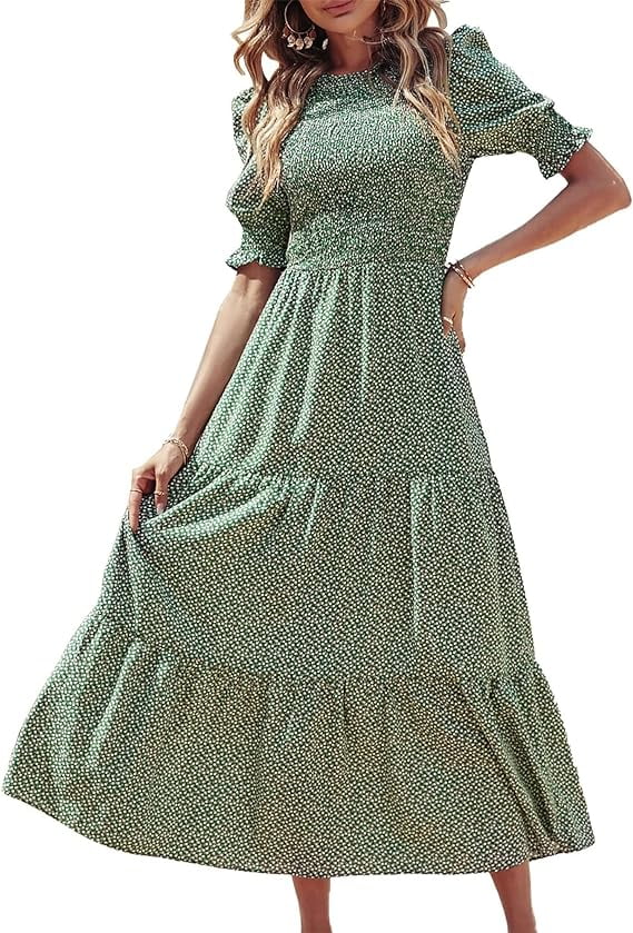 FreshPretty Women Casual Summer Dresses 2025 Spring Crew Neck Ruffle Short Sleeve Floral Print Smocked Boho Flowy Maxi Dress