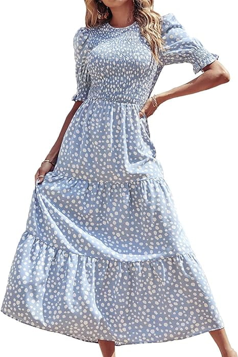 FreshPretty Women Casual Summer Dresses 2025 Spring Crew Neck Ruffle Short Sleeve Floral Print Smocked Boho Flowy Maxi Dress