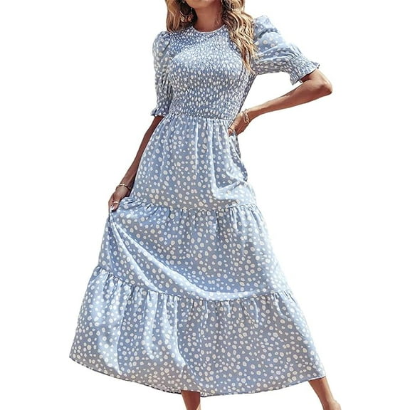 FreshPretty Women Casual Summer Dresses 2025 Spring Crew Neck Ruffle Short Sleeve Floral Print Smocked Boho Flowy Maxi Dress