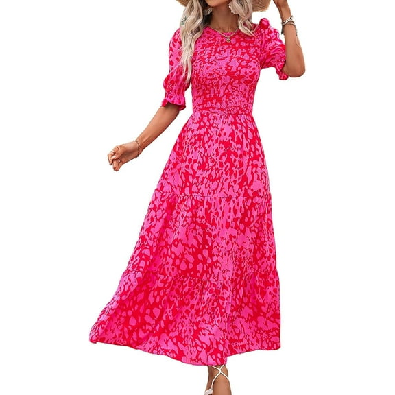 FreshPretty Women Casual Summer Dresses 2025 Spring Crew Neck Ruffle Short Sleeve Floral Print Smocked Boho Flowy Maxi Dress