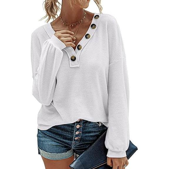 FreshPretty Women Long Sleeve Shirts Spring Fall 2025 V Neck Loose Casual Blouse Deco Button Lightweight Waffle Knit Pullover