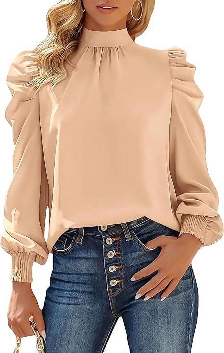 Women Satin Puff Long Sleeve Blouses Mock Neck Shirts Business Casual Tops Work Dressy Blouse Spring Fall Clothes