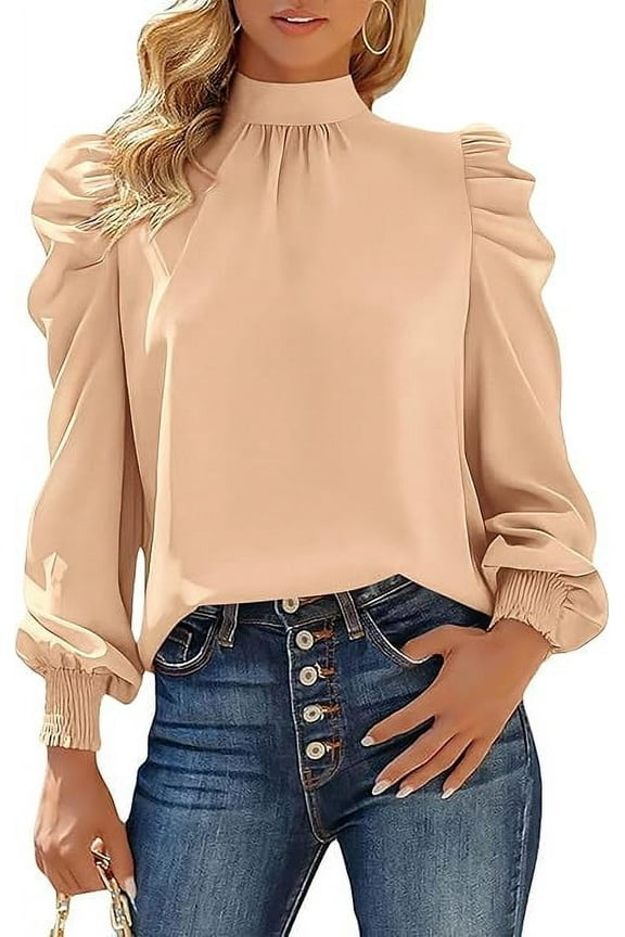 Women Satin Puff Long Sleeve Blouses Mock Neck Shirts Business Casual Tops Work Dressy Blouse Spring Fall Clothes