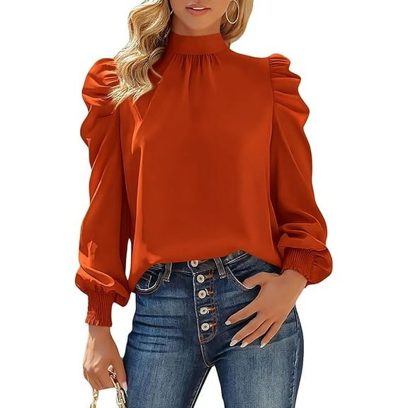 FreshPretty Women Satin Puff Long Sleeve Blouses Mock Neck Shirts Business Casual Tops Work Dressy Blouse Spring Fall Clothes