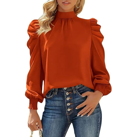 FreshPretty Women Satin Puff Long Sleeve Blouses Mock Neck Shirts Business Casual Tops Work Dressy Blouse Spring Fall Clothes