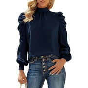 FRESHPRETTY Women Satin Puff Long Sleeve Blouses Mock Neck Shirts Business Casual Tops Work Dressy Blouse Spring Fall Clothes