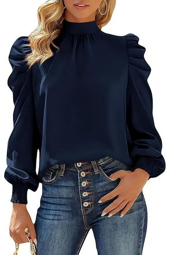 Women Satin Puff Long Sleeve Blouses Mock Neck Shirts Business Casual Tops Work Dressy Blouse Spring Fall Clothes