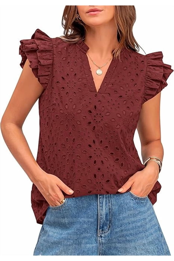 Women Summer Eyelet Tops Dressy Casual V Neck Ruffle Cap Sleeve Cotton Boho Shirts Lace Embroidered Blouses 2025