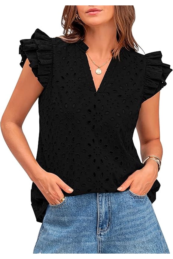 Women Summer Eyelet Tops Dressy Casual V Neck Ruffle Cap Sleeve Cotton Boho Shirts Lace Embroidered Blouses 2025