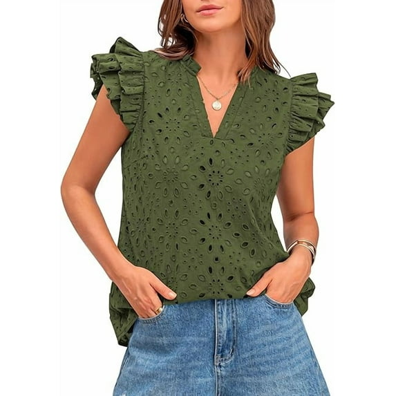 FreshPretty Women Summer Eyelet Tops Dressy Casual V Neck Ruffle Cap Sleeve Cotton Boho Shirts Lace Embroidered Blouses 2025