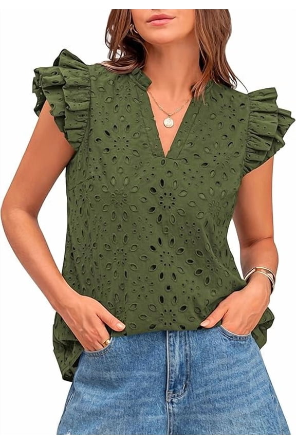 Women Summer Eyelet Tops Dressy Casual V Neck Ruffle Cap Sleeve Cotton Boho Shirts Lace Embroidered Blouses 2025
