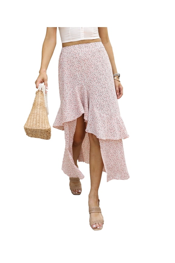 Women Summer Spring Boho Long Skirts Dress Floral Print Elastic Waist Split Ruffle High Low Beach Maxi Skirt