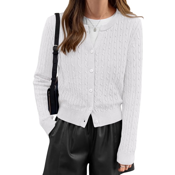 FreshPretty Women's Cable Knit Cropped V Neck Button Down Cardigan Sweater | Soft Lightweight Cardigan, Long Sleeve, Knit Open Front Sweaters, Business Casual Outfits, Fall Winter Outerwear