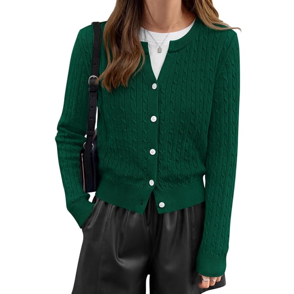 FreshPretty Women's Cable Knit Cropped V Neck Button Down Cardigan Sweater | Soft Lightweight Cardigan, Long Sleeve, Knit Open Front Sweaters, Business Casual Outfits, Fall Winter Outerwear