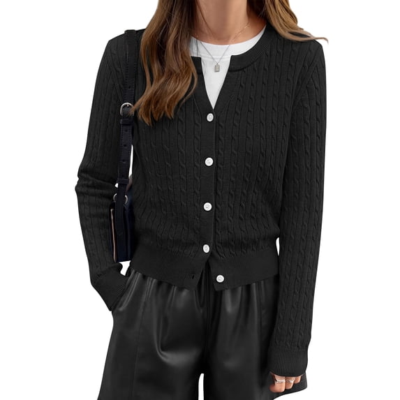 FreshPretty Women's Cable Knit Cropped V Neck Button Down Cardigan Sweater | Soft Lightweight Cardigan, Long Sleeve, Knit Open Front Sweaters, Business Casual Outfits, Fall Winter Outerwear