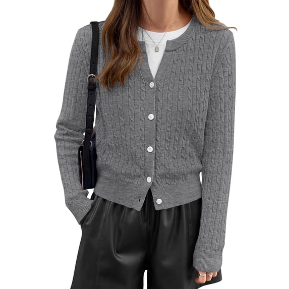 FreshPretty Women's Cable Knit Cropped V Neck Button Down Cardigan Sweater | Soft Lightweight Cardigan, Long Sleeve, Knit Open Front Sweaters, Business Casual Outfits, Fall Winter Outerwear