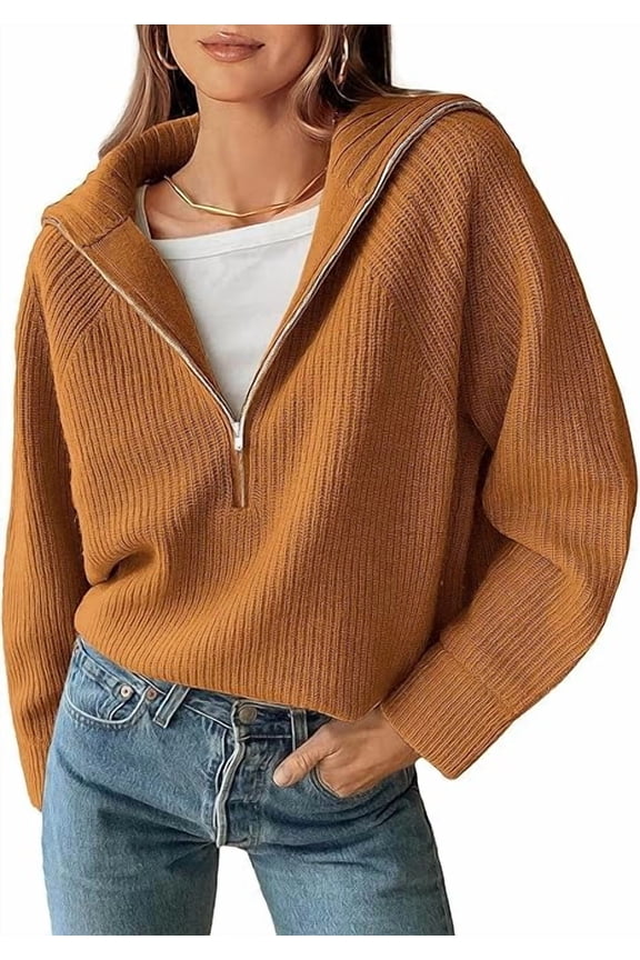 Women’s Casual Long Sleeve Half Zip Pullover Sweaters Solid V Neck Collar Ribbed Knitted Loose Slouchy Jumper Tops