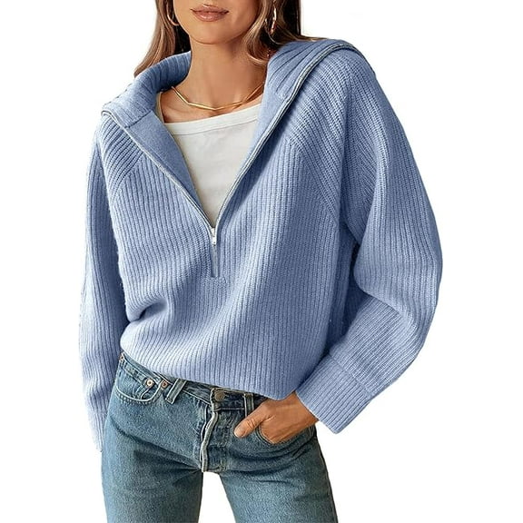 FreshPretty Women’s Casual Long Sleeve Half Zip Pullover Sweaters Solid V Neck Collar Ribbed Knitted Loose Slouchy Jumper Tops