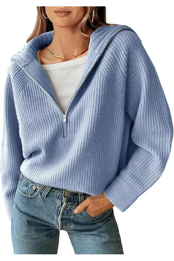 Women’s Casual Long Sleeve Half Zip Pullover Sweaters Solid V Neck Collar Ribbed Knitted Loose Slouchy Jumper Tops