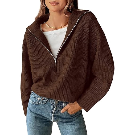 FreshPretty Women’s Casual Long Sleeve Half Zip Pullover Sweaters Solid V Neck Collar Ribbed Knitted Loose Slouchy Jumper Tops