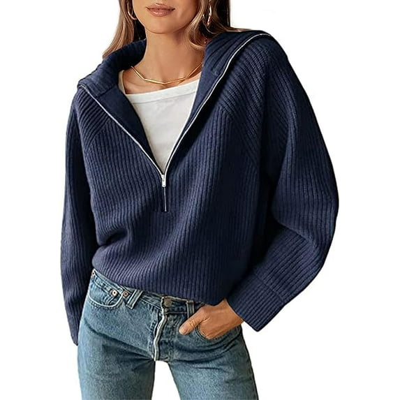 FreshPretty Women’s Casual Long Sleeve Half Zip Pullover Sweaters Solid V Neck Collar Ribbed Knitted Loose Slouchy Jumper Tops
