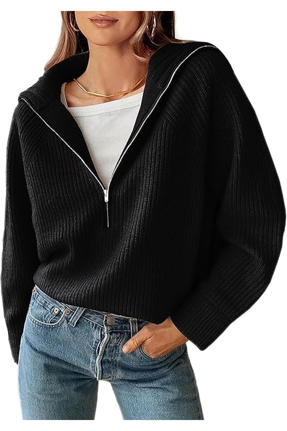 Women’s Casual Long Sleeve Half Zip Pullover Sweaters Solid V Neck Collar Ribbed Knitted Loose Slouchy Jumper Tops