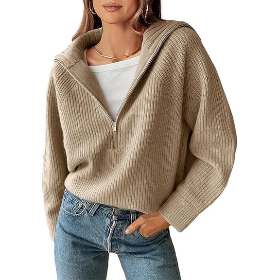 FreshPretty Women’s Casual Long Sleeve Half Zip Pullover Sweaters Solid V Neck Collar Ribbed Knitted Loose Slouchy Jumper Tops