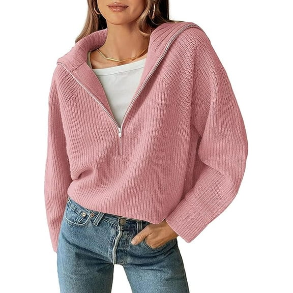 FreshPretty Women’s Casual Long Sleeve Half Zip Pullover Sweaters Solid V Neck Collar Ribbed Knitted Loose Slouchy Jumper Tops