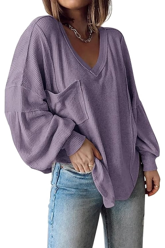 Women's Ribbed Long Sleeve Tops Summer Spring Pullover Knit Casual V Neck Blouses Trendy Loose Fit Tunic Top