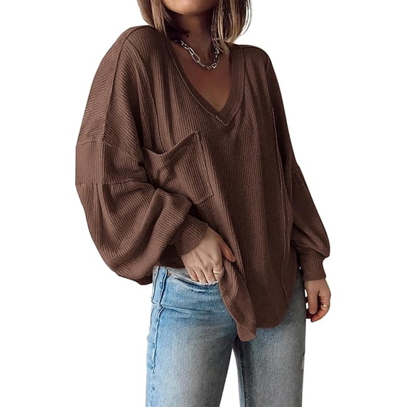 FreshPretty Women's Ribbed Long Sleeve Tops Summer Spring Pullover Knit Casual V Neck Blouses Trendy Loose Fit Tunic Top