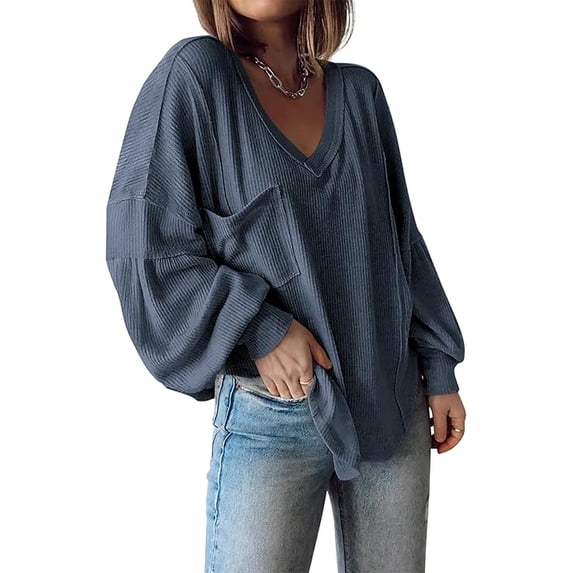 FreshPretty Women's Ribbed Long Sleeve Tops Summer Spring Pullover Knit Casual V Neck Blouses Trendy Loose Fit Tunic Top