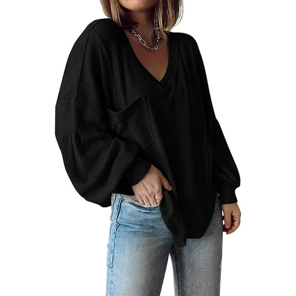 FreshPretty Women's Ribbed Long Sleeve Tops Summer Spring Pullover Knit Casual V Neck Blouses Trendy Loose Fit Tunic Top