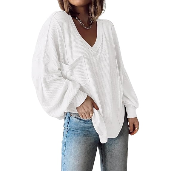 FreshPretty Women's Ribbed Long Sleeve Tops Summer Spring Pullover Knit Casual V Neck Blouses Trendy Loose Fit Tunic Top