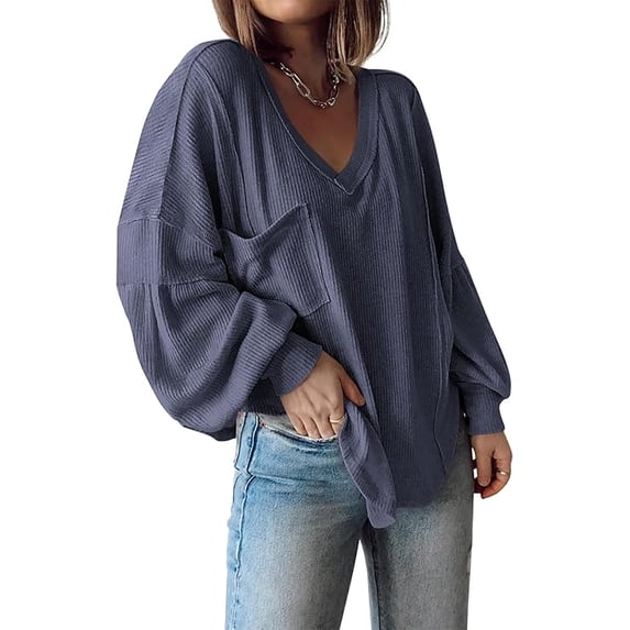 FreshPretty Women's Ribbed Long Sleeve Tops Summer Spring Pullover Knit Casual V Neck Blouses Trendy Loose Fit Tunic Top