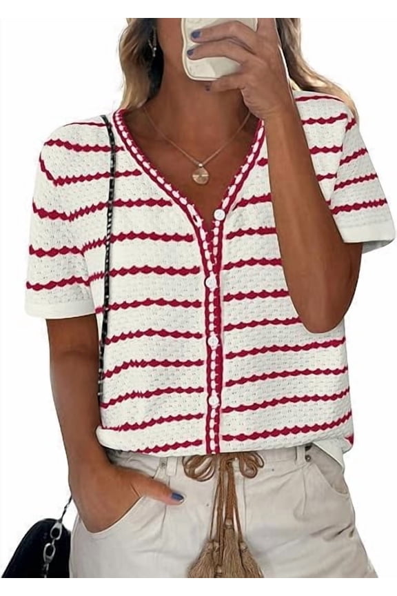 Women's Short Sleeve Sweater Spring Summer Crochet Knit Tops V Neck Striped Button Down Dressy Casual Blouses