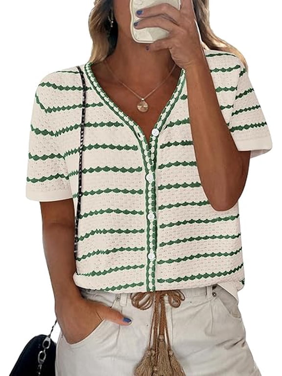 Women's Short Sleeve Sweater Spring Summer Crochet Knit Tops V Neck Striped Button Down Dressy Casual Blouses