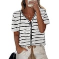 thumbnail image 1 of FreshPretty Women's Short Sleeve Sweater Spring Summer Crochet Knit Tops V Neck Striped Button Down Dressy Casual Blouses, 1 of 9