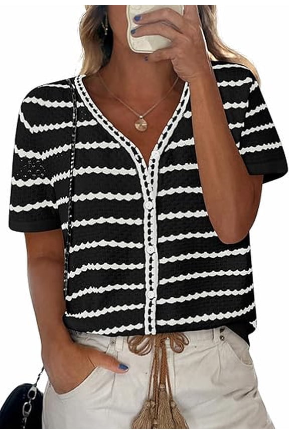 Women's Short Sleeve Sweater Spring Summer Crochet Knit Tops V Neck Striped Button Down Dressy Casual Blouses
