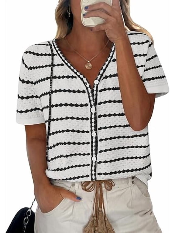 Women's Short Sleeve Sweater Spring Summer Crochet Knit Tops V Neck Striped Button Down Dressy Casual Blouses
